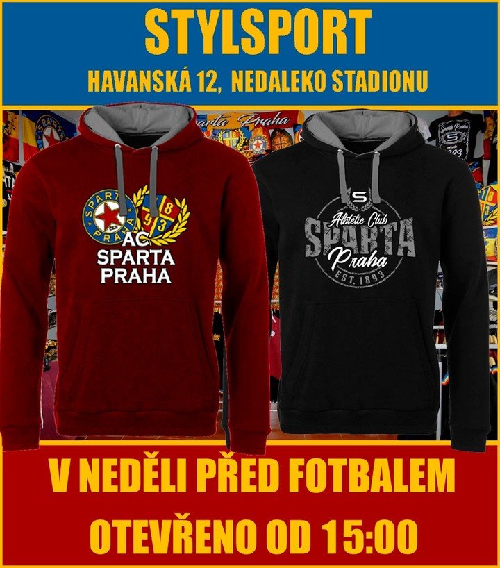 V neděli před zápasem s Pardubicemi bude prodejna Stylsport v Havanské ulici 12 na Letné otevřena od 15:00 hod., tak se stavte ???? #acsparta #spartaforever